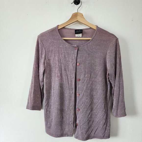 JKLA Y2K Slinky Purple Sparkle Button Up Cardigan Small - Picture 1 of 7